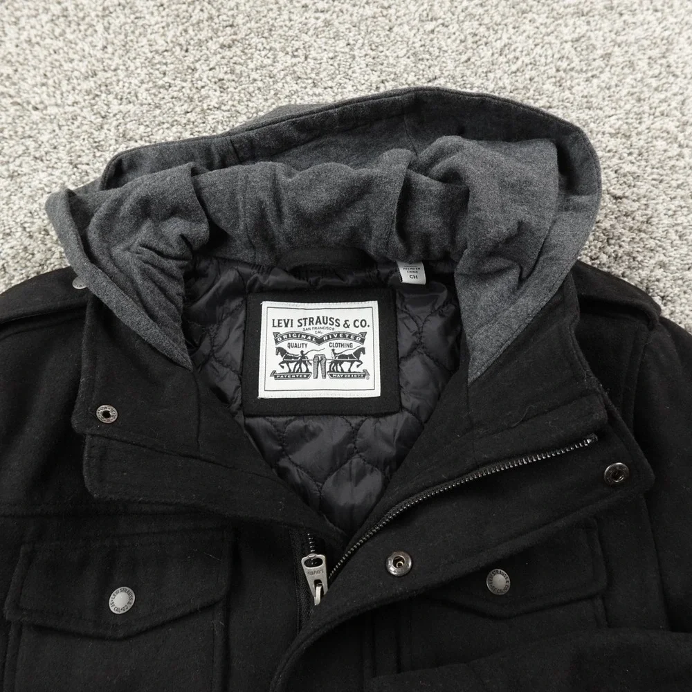 NEW Levis Jacket Mens S Black Wool‎ Hooded Trucker Quilted Lined Work Chore Coat